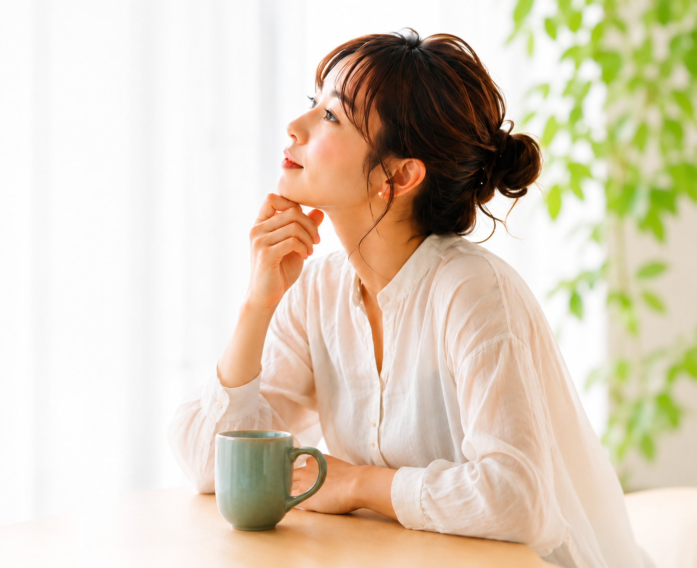 頬杖をついて考えごとをする女性